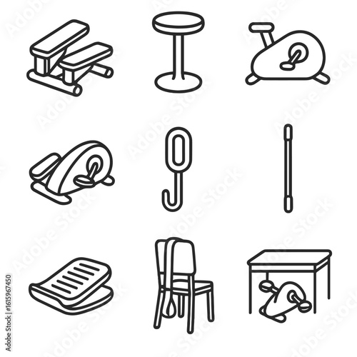 Movement Tool Icons. Line style icons of Movement Encouragement Tools: mini stepper, balance stool, desk cycle, under desk