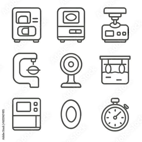 Optical Lab Icons. Line style icons of Optical Lab Equipment: lens edger, tracing scanner, blocker unit, groover blade, polishing