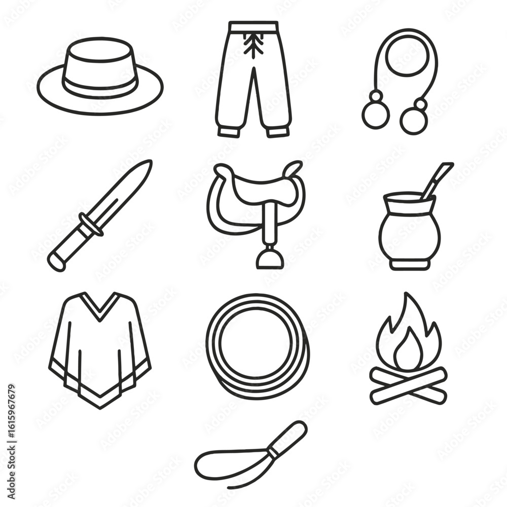 Obraz premium Gaucho Lifestyle Icons. Line style icons of Gaucho Lifestyle: gaucho hat, leather bombachas pants, boleadoras rope, facón knife,