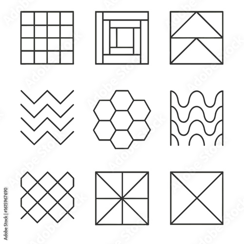 Quilt Pattern Icons. Line style icons of Quilt Patterns: patchwork square, log cabin block, flying geese row, chevron stripe,