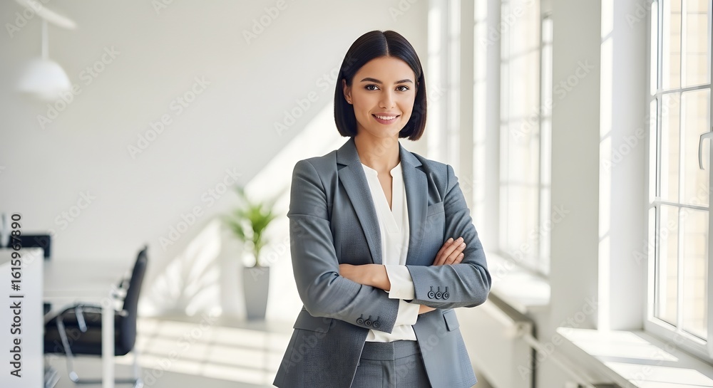 Woman in grey suit with arms crossed in bright office Woman in grey suit with arms crossed in bright office