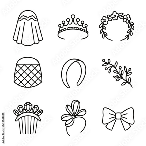 Bridal Headpiece Icons. Line style icons of Wedding & Bridal Headpieces: lace veil, pearl tiara, floral crown, crystal hair vine,