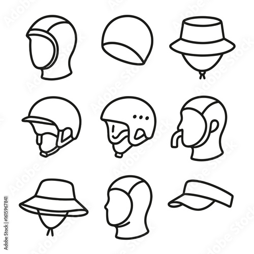 Water Sports Headwear Icons. Line style icons of Water Sports Headwear: neoprene surf cap, swim cap, sailing bucket, kayak helmet,