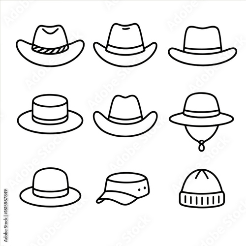 Farm Hat Icons. Line style icons of Ranch & Farm Hats: straw cowboy hat, felt cowboy hat, leather outback hat, rancher palm hat,