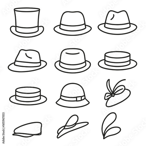 Formal Hat Icons. Line style icons of Formal Classic Hats: top hat, bowler hat, fedora, trilby hat, homburg hat, pork pie hat,