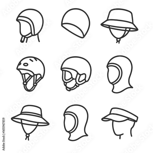 Water Sports Headwear Icons. Line style icons of Water Sports Headwear: neoprene surf cap, swim cap, sailing bucket, kayak helmet,