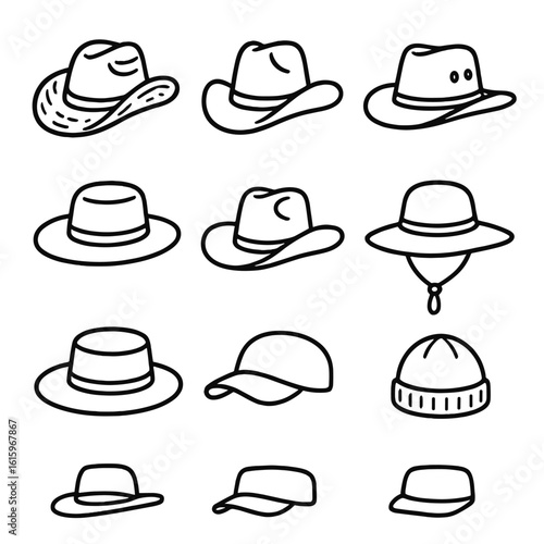 Farm Hat Icons. Line style icons of Ranch & Farm Hats: straw cowboy hat, felt cowboy hat, leather outback hat, rancher palm hat,