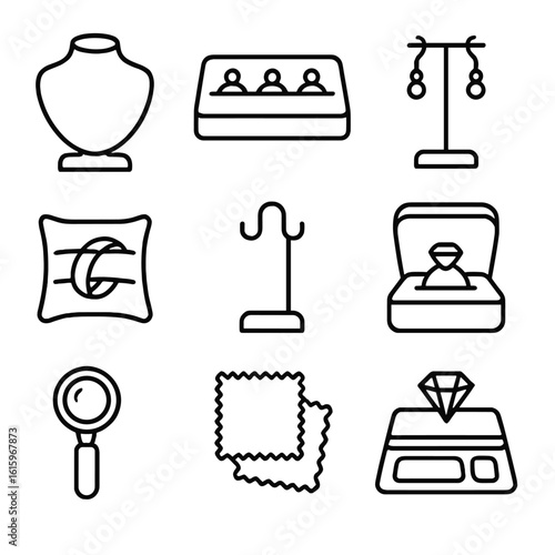 Jewelry Line Icons. Line style icons of Jewelry Showcase: display bust, ring tray, earring stand, bracelet pillow, necklace hook,