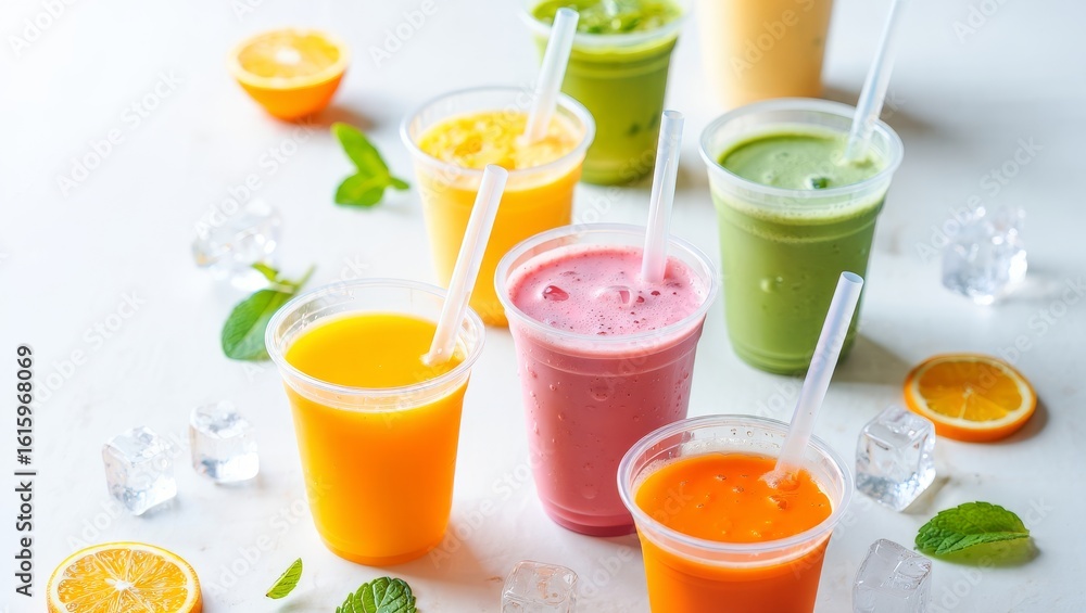 Fototapeta premium Assortment of colorful fresh juices and smoothies in clear cups with fruit and ice