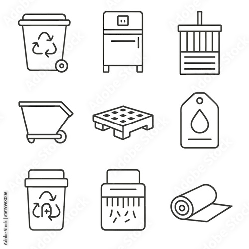 Waste Equipment Icons. Line style icons of Waste Handling Equipment: recycling bin, trash compactor, baler machine, scrap hopper,