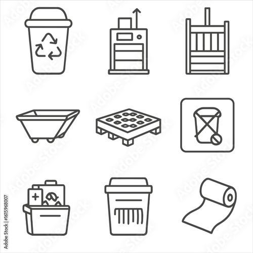 Waste Equipment Icons. Line style icons of Waste Handling Equipment: recycling bin, trash compactor, baler machine, scrap hopper,