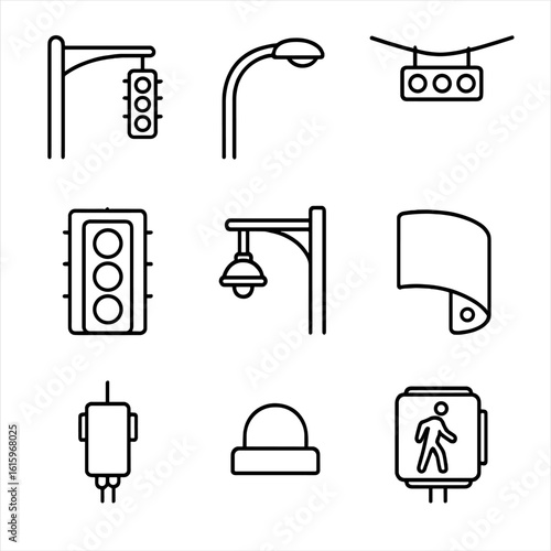Traffic Light Icons. Line style icons of Traffic Intersection Lighting: mast-arm light, cobra head fixture, span wire light,