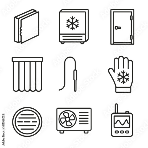 Cold Storage Icons. Line style icons of Cold Storage Equipment: insulated panel wall, blast chiller, walk-in cooler door, freezer