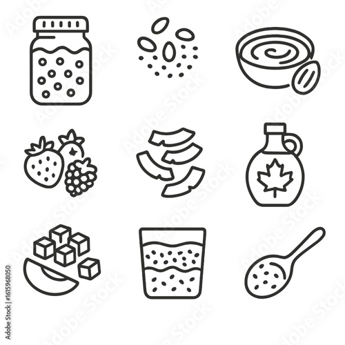 Overnight Oats Icons. Line style icons of Overnight Oats Flavors: mason jar oats, chia seeds, almond butter swirl, mixed berries,