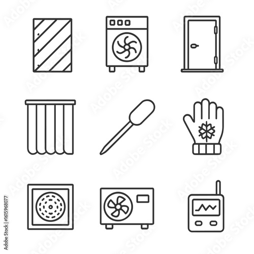Cold Storage Icons. Line style icons of Cold Storage Equipment: insulated panel wall, blast chiller, walk-in cooler door, freezer