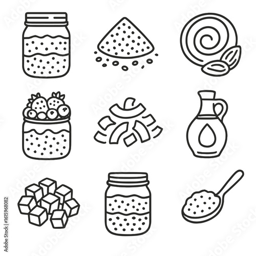 Overnight Oats Icons. Line style icons of Overnight Oats Flavors: mason jar oats, chia seeds, almond butter swirl, mixed berries,