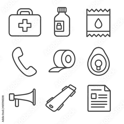 Emergency Gear Icons. Line style icons of On-Site Emergency Gear: first-aid kit box, eye rinse bottle, burn gel packet, emergency