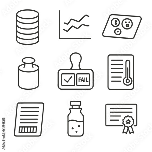 Line Style QC Icons. Line style icons of Quality Control Items: control strain pellet, QC chart, reference slide, calibration