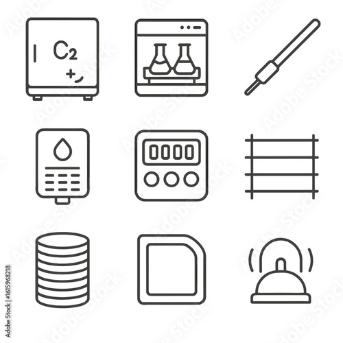 Incubation Equipment Icons. Line style icons of Incubation Equipment: CO₂ incubator, shaking incubator, temperature probe,
