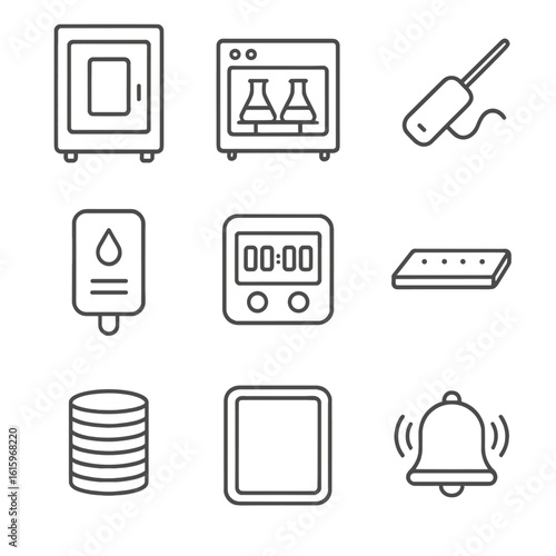 Incubation Equipment Icons. Line style icons of Incubation Equipment: CO₂ incubator, shaking incubator, temperature probe,