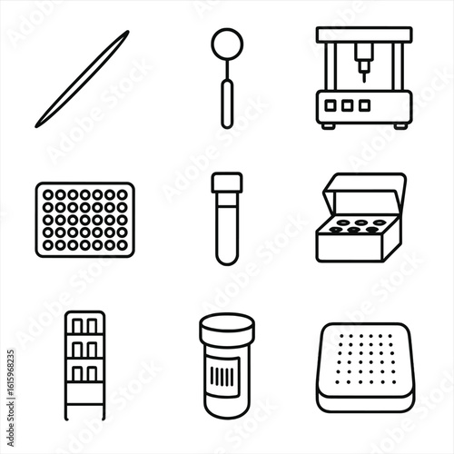 Colony Picking Tool Icons. Line style icons of Colony Picking Tools: sterile toothpick, loop picker, colony pick robot, 96-well