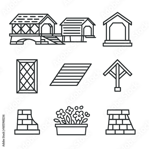 Covered Bridge Icons. Line style icons of Covered Bridges: timber truss frame, shingled roof, siding panel, portal entrance,