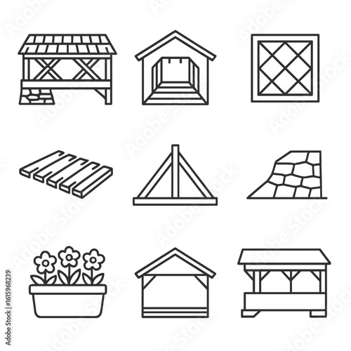 Covered Bridge Icons. Line style icons of Covered Bridges: timber truss frame, shingled roof, siding panel, portal entrance,