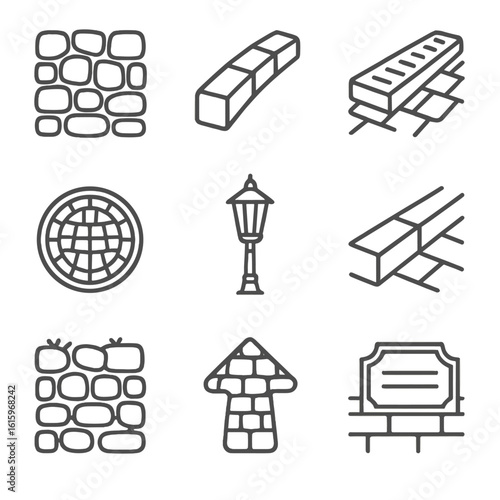 Cobblestone Pathway Icons. Line style icons of Cobblestone Pathways: cobble set, border stone, drainage channel, manhole cover,