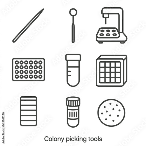 Colony Picking Tool Icons. Line style icons of Colony Picking Tools: sterile toothpick, loop picker, colony pick robot, 96-well