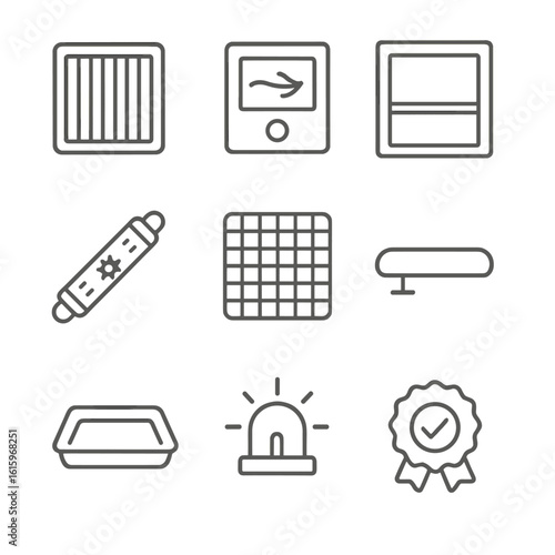 Biosafety Cabinet Icons. Line style icons of Biosafety Cabinet Accessories: HEPA filter, airflow monitor, sash window, UV