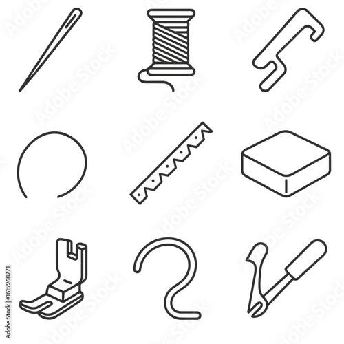 Upholstery Sewing Tools. Line style icons of Upholstery Sewing: heavy-duty needle, upholstery thread, webbing stretcher, curved