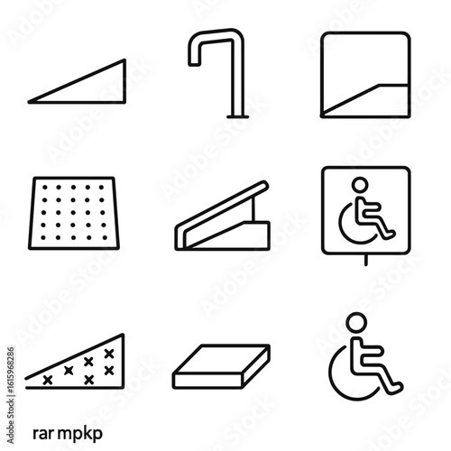 Wheelchair Ramp Icons. Line style icons of Wheelchair-Accessible Ramps: ramp slope, handrail tube, landing platform, tactile strip