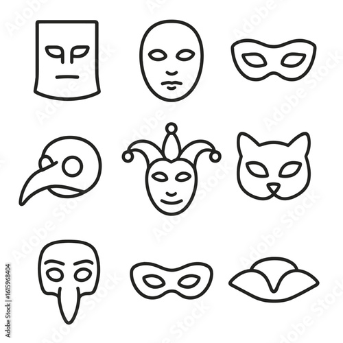 Venetian Mask Icons. Line style icons of Venetian Mask Collection: bauta mask, volto mask, colombina half mask, plague doctor beak