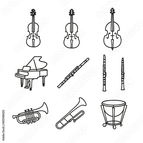 Orchestra Pit Icons. Line style icons of Orchestra Pit Instruments: violin, cello, double bass, grand piano, flute, clarinet,