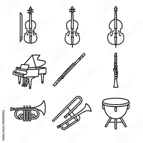Orchestra Pit Icons. Line style icons of Orchestra Pit Instruments: violin, cello, double bass, grand piano, flute, clarinet,