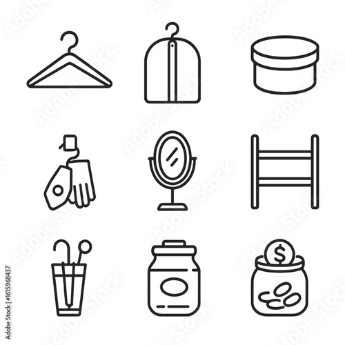 Cloakroom Service Icons. Line style icons of Cloakroom Service: coat hanger, garment bag, hat box, glove clip, ticket tag, mirror