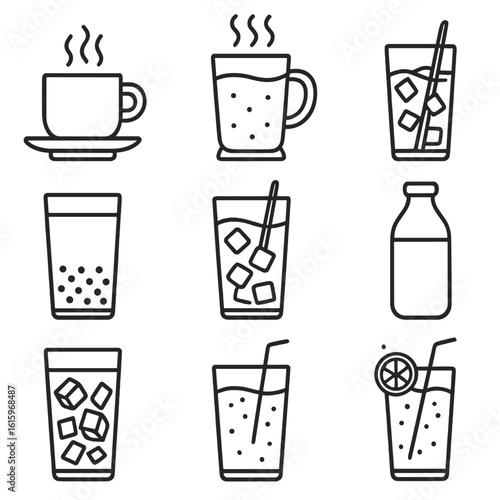Singapore Hawker Drinks. Line style icons of Singapore Hawker Drinks: kopi coffee, teh tarik glass, sugarcane juice, bandung rose