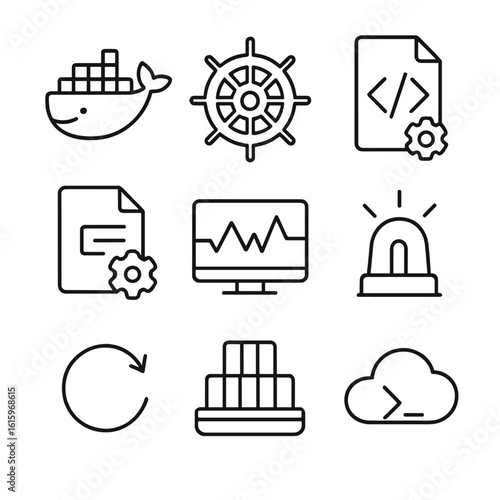 DevOps Icon Set. Line style icons of DevOps & Automation: docker whale, kubernetes helm, infrastructure script, config file gear,
