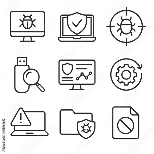 Endpoint Defense Icons. Line style icons of system and endpoint defense: antivirus software icon, endpoint protection agent,