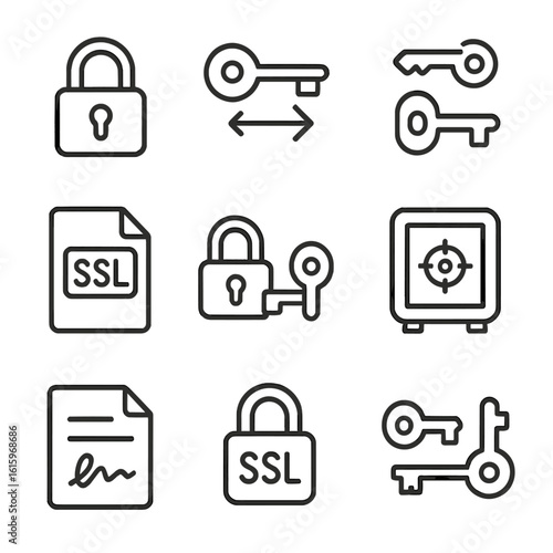Encryption Icons Set. Line style icons of encryption and security keys: padlock with keyhole, private key icon, key exchange