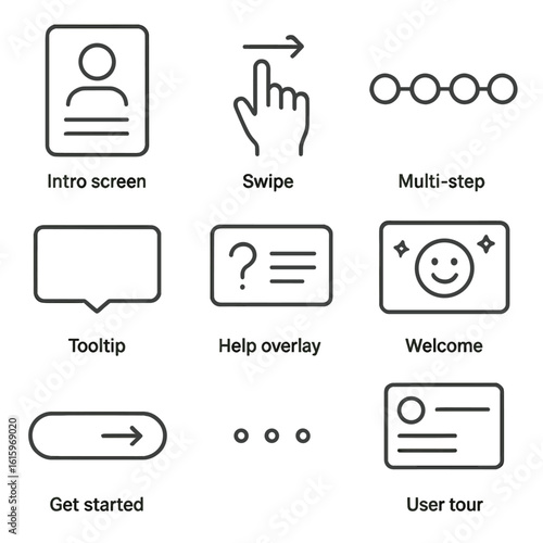 Line Style Onboarding Icons. Line style icons of onboarding and walkthrough steps: intro screen card, swipe tutorial icon,