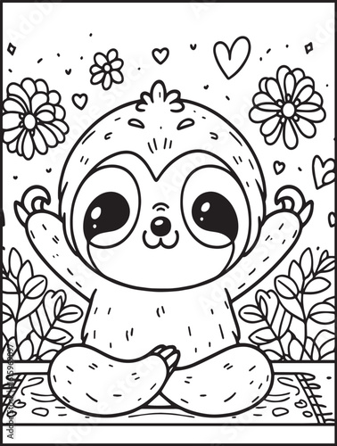 Animal-themed coloring page for kids and adults: Animal doing yoga: Sloth doing yoga pose