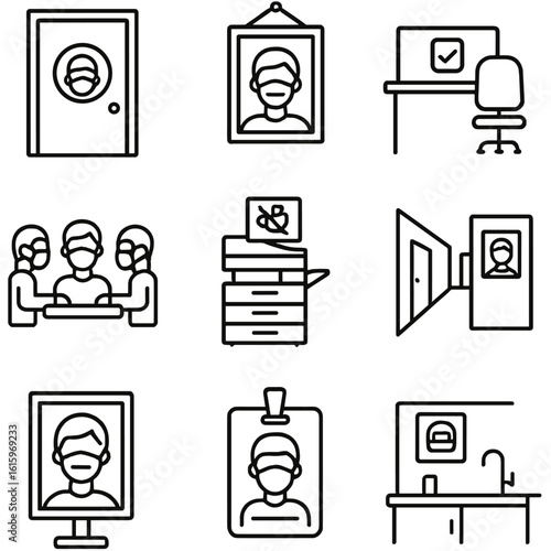 Workplace Signage Icons. Line style icons of workplace signage and reminders: entry mask check sign, staff room mask symbol, desk