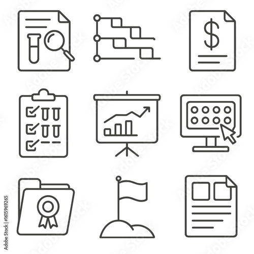 Research Project Icons. Line style icons of research project planning: research proposal sheet, project timeline icon, funding