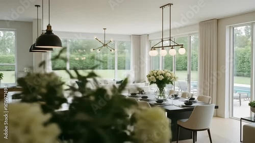 Spacious modern home interior with an open-plan kitchen, dining, and living area overlooking a beautiful outdoor pool.
