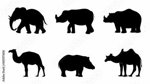 Vector  silhouette illustration showcasing an elephant, rhinoceros, camel, and hippopotamus in black color