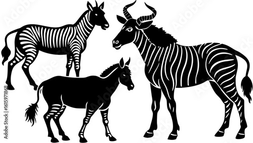 Vector  three animals in black and white including two zebras and one wildebeest standing together nicely
