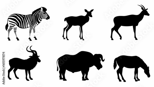 Vector  silhouette illustration of various african animals including zebra deer and antelopes in black and white