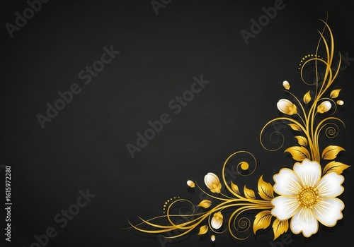Elegant gold floral corner ornament with white flowers on black