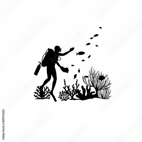 Silhouette of a diver guiding fish away from floating trash